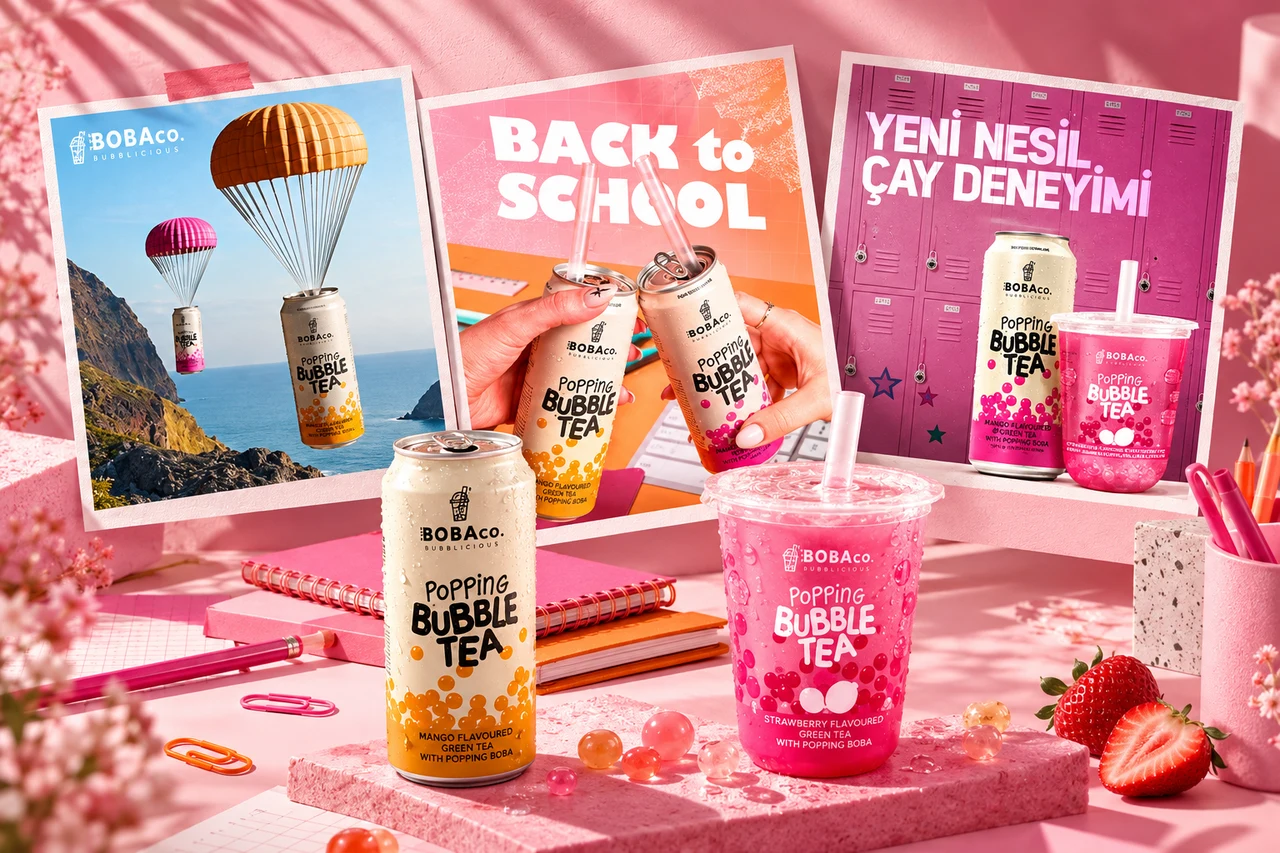 BOBA CO bubble tea markası için pembe tonlarda yeniden düzenlenen sosyal medya kampanyası görselleri