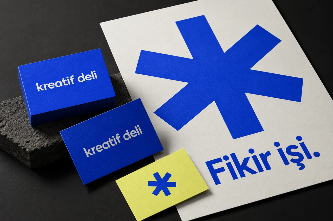 Kreatif Deli’nin elektrik mavisi, kâğıt beyazı ve limon sarısı kartvizit ve afişlerden oluşan özgün marka kimliği